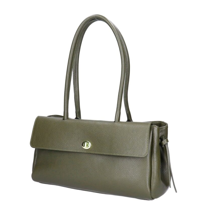 Leren Schoudertas Astrid olijfgroen olijfgroene leer gouden draaislot voorvak met flap trendy chique damestassen kopen