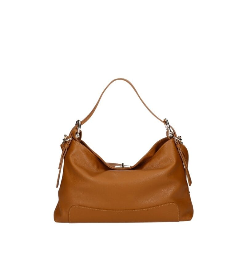 Leren Schoudertas Debbi cognac leer schoudertassen flap gouden draaislot trendy suede dames tassen kopen bestellen