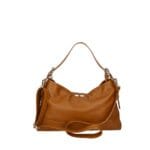 Leren Schoudertas Debbi cognac leer schoudertassen flap gouden draaislot trendy suede dames tassen kopen bestellen achterkant