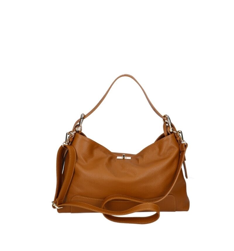 Leren Schoudertas Debbi cognac leer schoudertassen flap gouden draaislot trendy suede dames tassen kopen bestellen achterkant