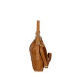 Leren Schoudertas Debbi cognac leer schoudertassen flap gouden draaislot trendy suede dames tassen kopen bestellen zijkant