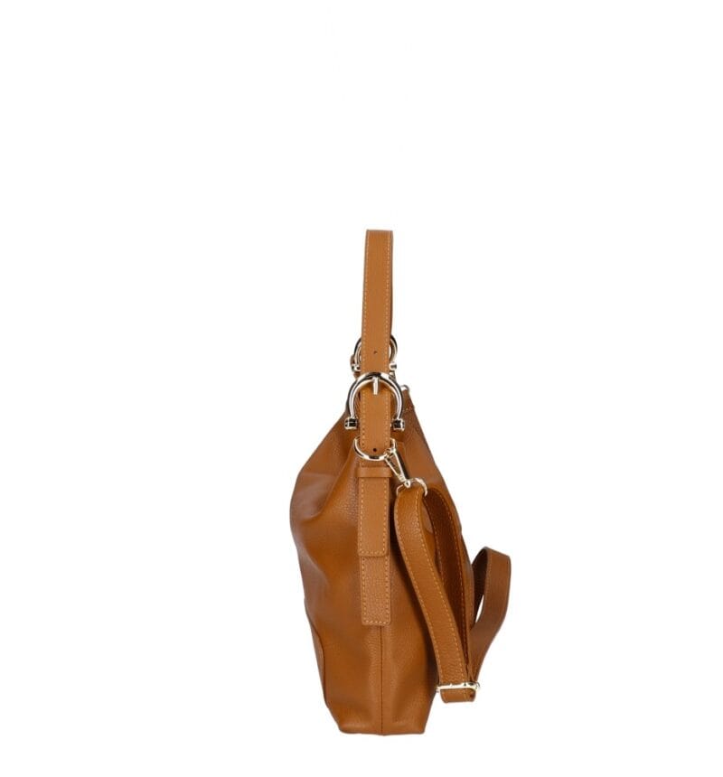 Leren Schoudertas Debbi cognac leer schoudertassen flap gouden draaislot trendy suede dames tassen kopen bestellen zijkant