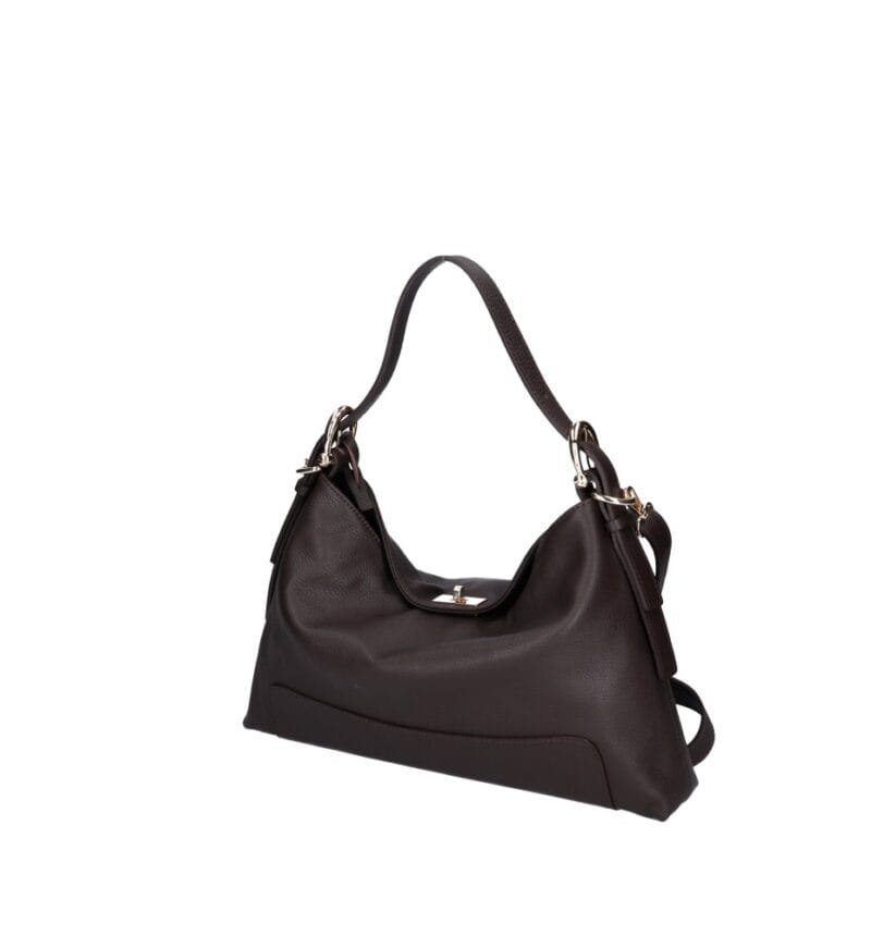 Leren Schoudertas Debbi donkerbruin donkerbruine leer schoudertassen flap gouden draaislot trendy suede dames tassen kopen bestellen