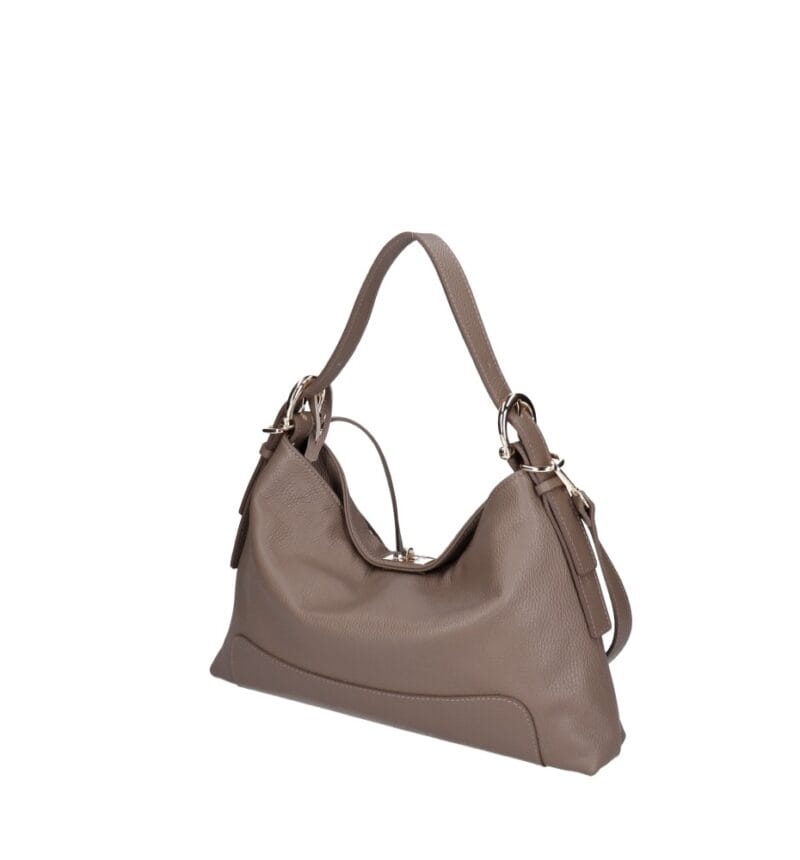 Leren Schoudertas Debbi donkertaupe leer schoudertassen flap gouden draaislot trendy suede dames tassen kopen bestellen