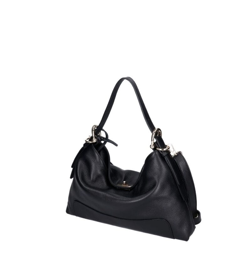 Leren Schoudertas Debbi zwart zwarte leer schoudertassen flap gouden draaislot trendy suede dames tassen kopen bestellen zij