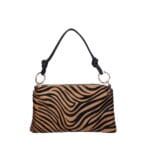 Leren Dierenvacht Schoudertas Lizbeth zebra koevacht bruin taupe vacht dierenhuid leren schoudertassen gouden ring kopen bestellen
