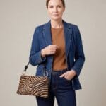 Leren Dierenvacht Schoudertas Lizbeth zebrra bruin koevacht bruin bruine vacht dierenhuid leren schoudertassen gouden ring kopen bestellen model