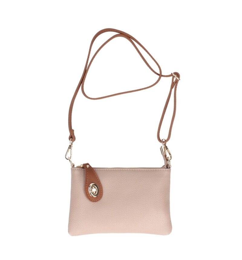 Leren Schoudertas Melanie clutch Poederroze roze cognac flap schoudertassen gouden draaislot extra lang hengsel kopen bestellen