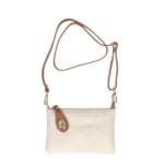 Leren Schoudertas Melanie clutch beige cognac flap schoudertassen gouden draaislot extra lang hengsel kopen bestellen