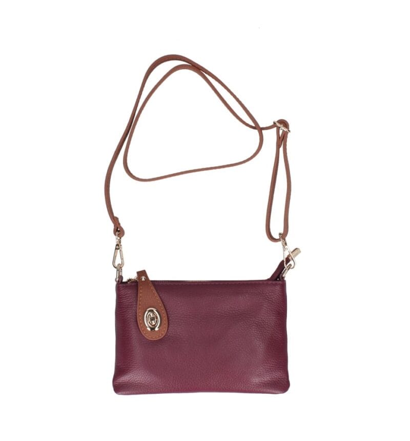 Leren Schoudertas Melanie clutch wijnrood cognac flap schoudertassen gouden draaislot extra lang hengsel kopen bestellen