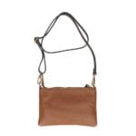 Leren Schoudertas Melanie clutch cognac bruine flap schoudertassen gouden draaislot extra lang hengsel kopen bestellen achterkant