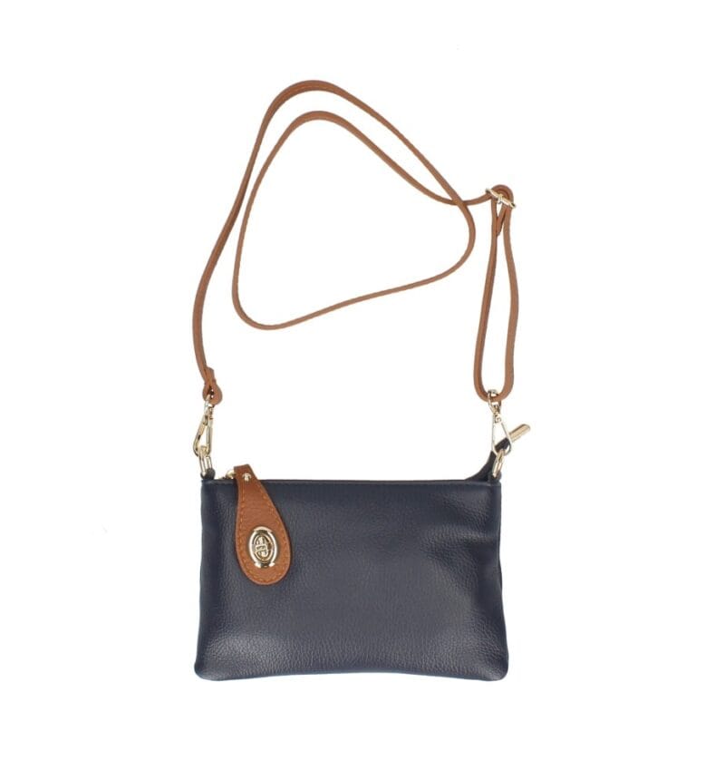 Leren Schoudertas Melanie clutch donkerblauw blauwe navy cognac flap schoudertassen gouden draaislot extra lang hengsel kopen bestellen