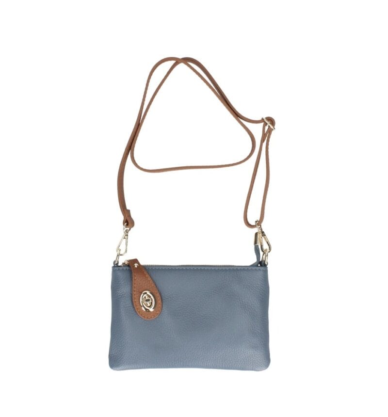 Leren Schoudertas Melanie clutch hemelsblauw blauwe cognac flap schoudertassen gouden draaislot extra lang hengsel kopen bestellen