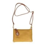 Leren Schoudertas Melanie clutch mosterdgeel mosterdgele geel cognac flap schoudertassen gouden draaislot extra lang hengsel kopen bestellen