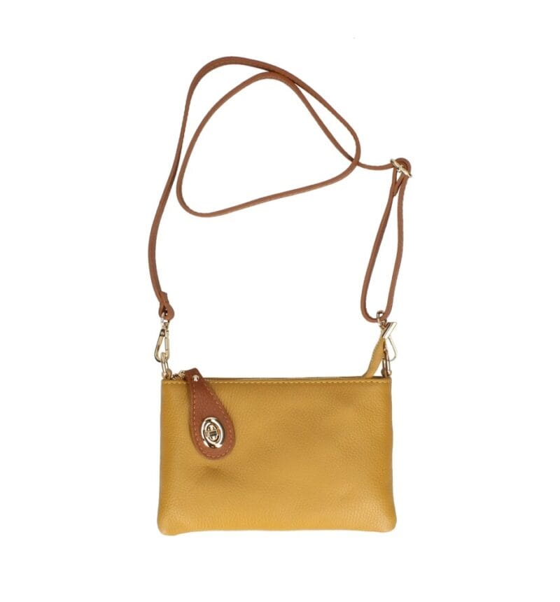 Leren Schoudertas Melanie clutch mosterdgeel mosterdgele geel cognac flap schoudertassen gouden draaislot extra lang hengsel kopen bestellen