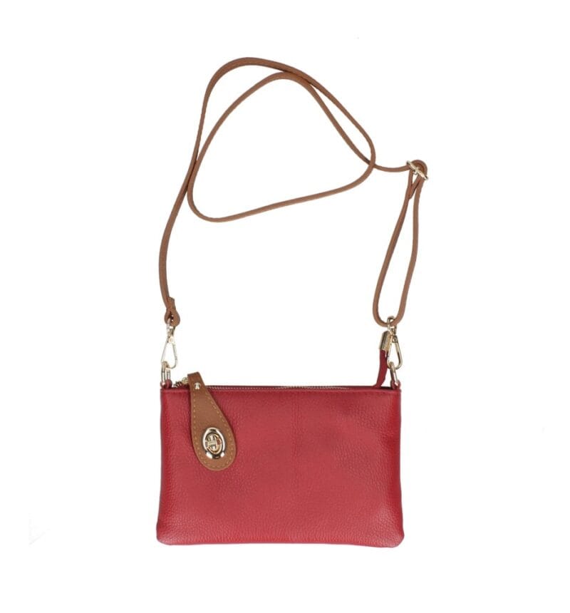Leren Schoudertas Melanie clutch rood rode cognac flap schoudertassen gouden draaislot extra lang hengsel kopen bestellen