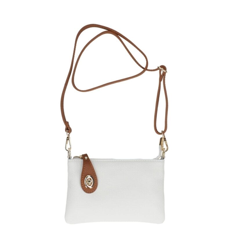 Leren Schoudertas Melanie clutch wit witte cognac flap schoudertassen gouden draaislot extra lang hengsel kopen bestellen