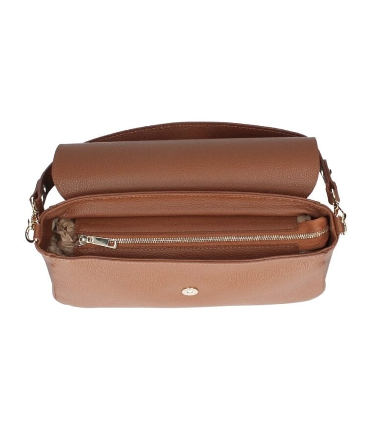 Leren Schoudertas Melissa cognac stevige leren dames tas gouden siergesp sluiting italiaans leder kopen bestellen bovenkant
