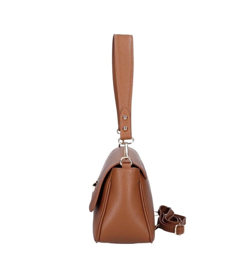 Leren Schoudertas Melissa cognac stevige leren dames tas gouden siergesp sluiting italiaans leder kopen bestellen zijkant