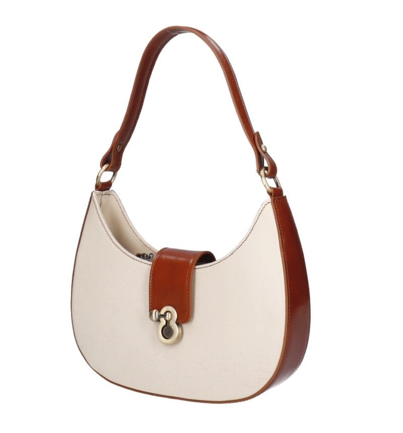 Leren Schoudertas Robine beige met cognac details stevige chique schoudertassen leer dames zilver kopen bestellen