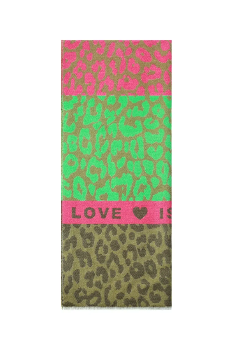 Multikleurige Wintersjaal Leopardprint Love groen legergroen fuchsia sjaals leopard print tweekleurig wintersjaals kopen bestellen yehwang detail