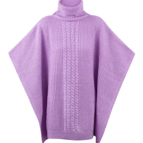Paars Kabel Gebreide Poncho Trui Truien Hoge col kraag paarse lila warme trendy dames ponchos lang sjaals omslagdoeken kopen bestellen yehwang