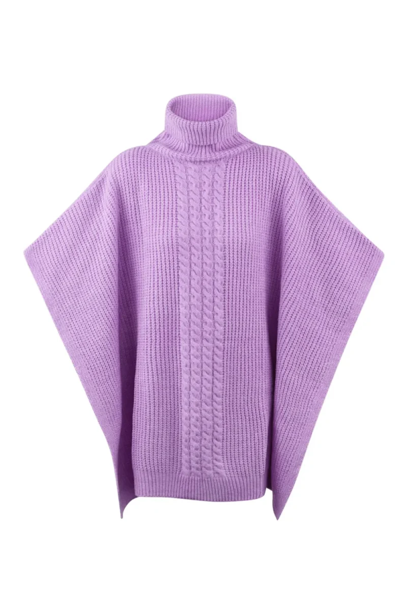 Paars Kabel Gebreide Poncho Trui Truien Hoge col kraag paarse lila warme trendy dames ponchos lang sjaals omslagdoeken kopen bestellen yehwang
