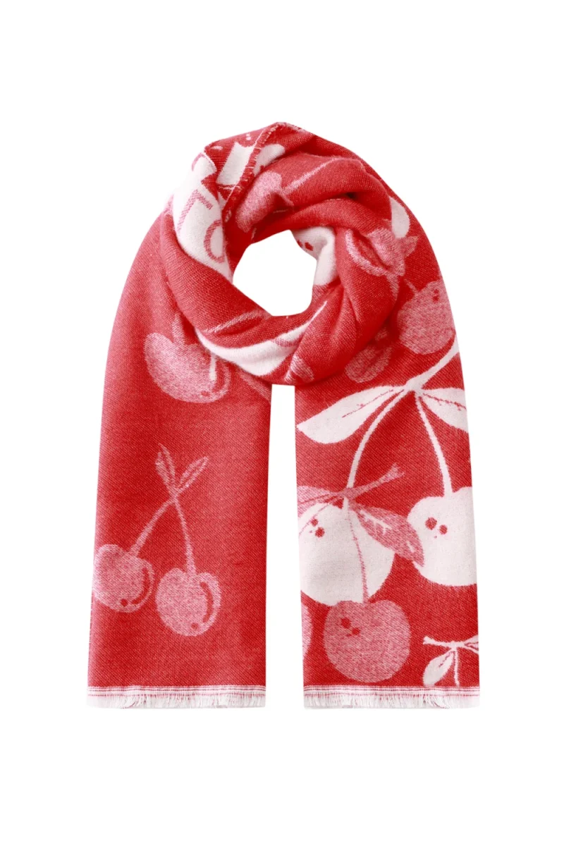 Rode Sjaal Witte Cherry twee kleurige sjaal met kersen en tekst print wintersjaals yehwang kopen bestellen
