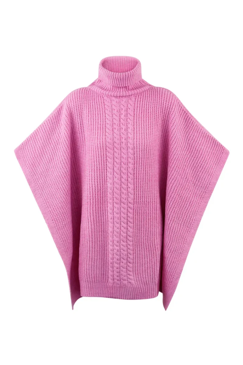 Roze Kabel Gebreide Poncho Trui Truien Hoge col kraag warme trendy dames ponchos lang sjaals omslagdoeken kopen bestellen yehwang