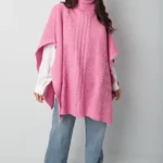 Roze Kabel Gebreide PonchoTrui Truien warme trendy dames ponchos lang sjaals omslagdoeken kopen bestellen yehwang model
