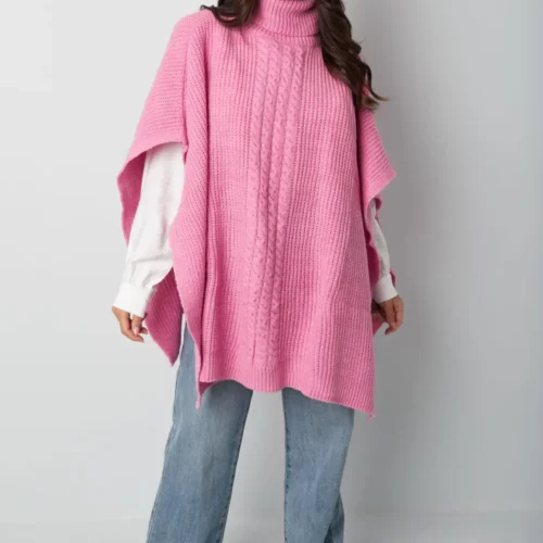 Roze Kabel Gebreide PonchoTrui Truien warme trendy dames ponchos lang sjaals omslagdoeken kopen bestellen yehwang model
