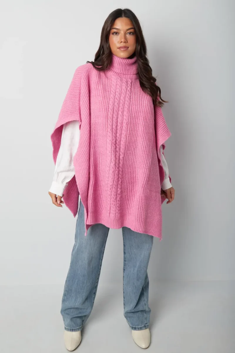 Roze Kabel Gebreide PonchoTrui Truien warme trendy dames ponchos lang sjaals omslagdoeken kopen bestellen yehwang model