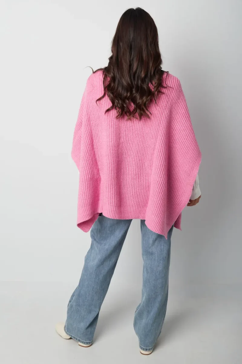 Roze Kabel Gebreide PonchoTrui Truien warme trendy dames ponchos lang sjaals omslagdoeken kopen bestellen yehwang model achterkant