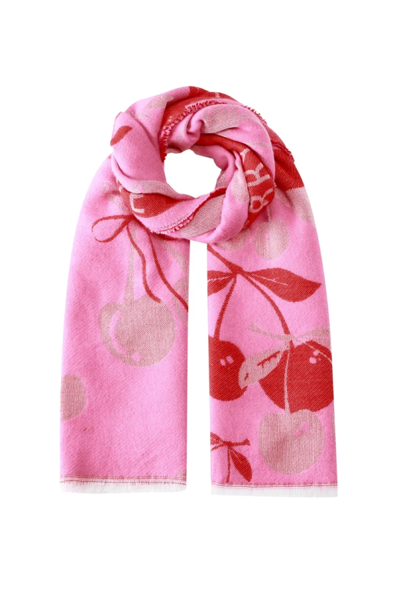 Roze Sjaal Red Cherry twee kleurige sjaal met kersen en tekst print wintersjaals yehwang kopen bestellen
