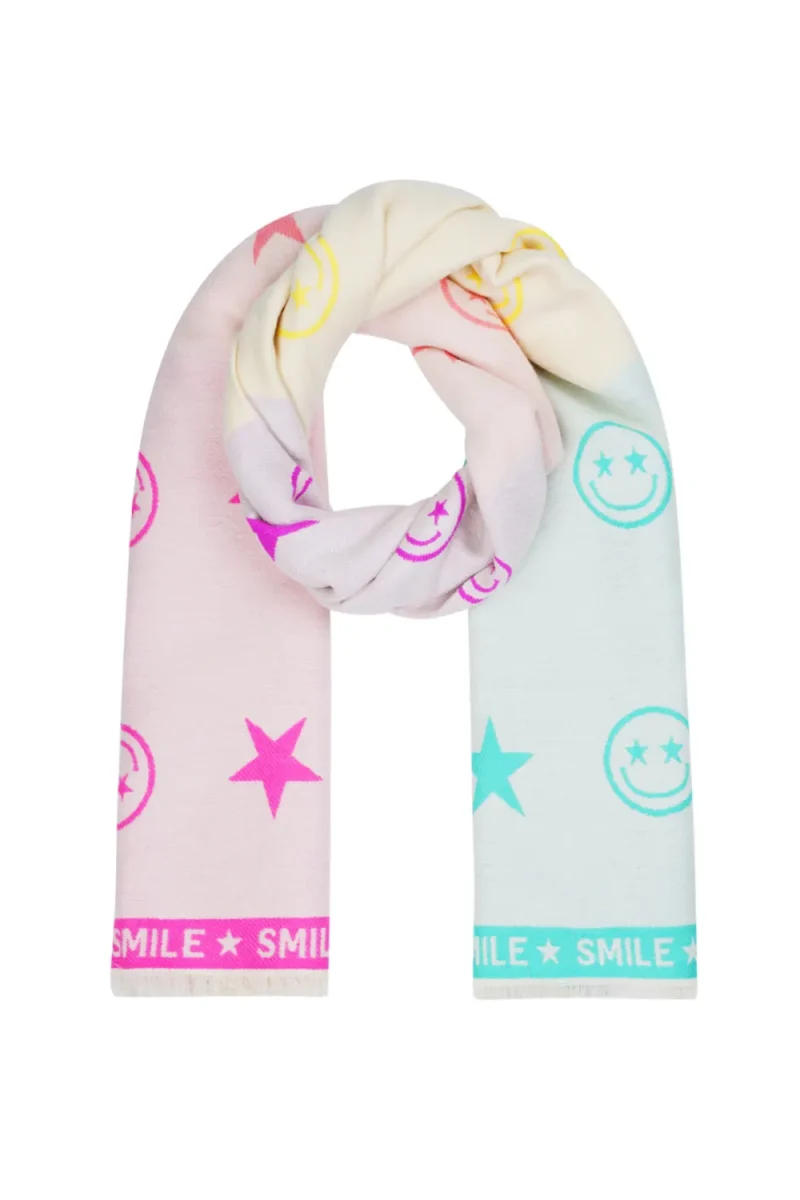 Sjaals Smilyes en Stars blauw fuchsia geel kleurrijke print dames sjaals yehwang kopen bestellen