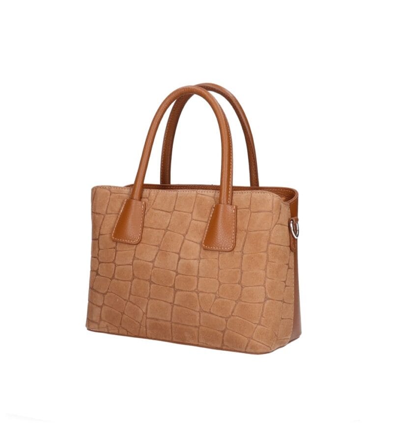 Suede Handtas Adelaide cognac Dollaro-leer met suède krokodillenprint leren handvaten chique tassen kopen bestellen dames zij