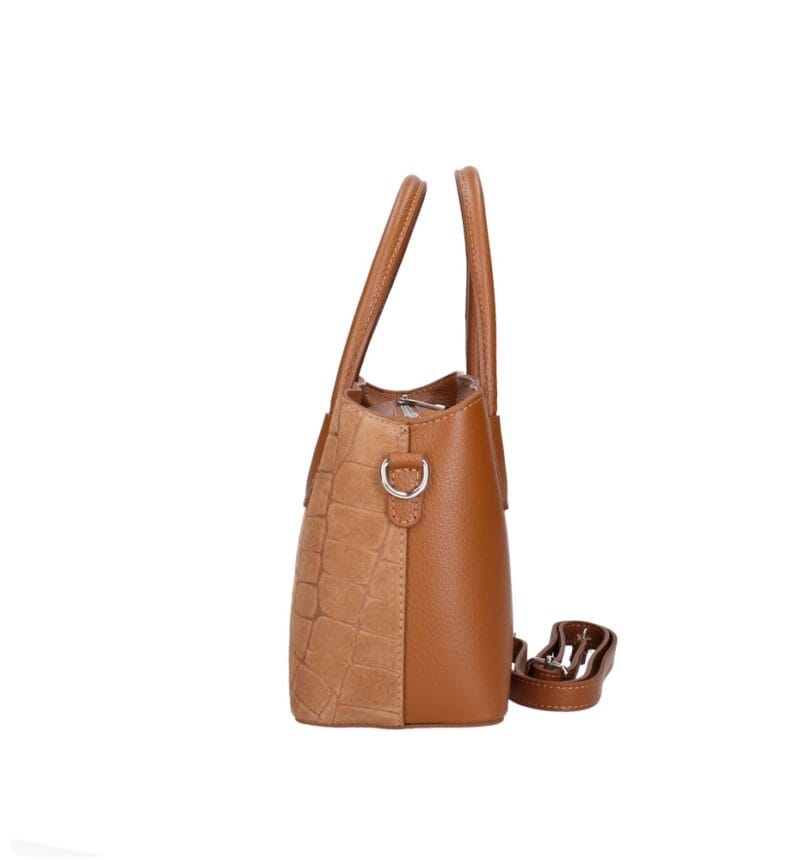 Suede Handtas Adelaide cognac Dollaro-leer met suède krokodillenprint leren handvaten chique tassen kopen bestellen dames zijkant