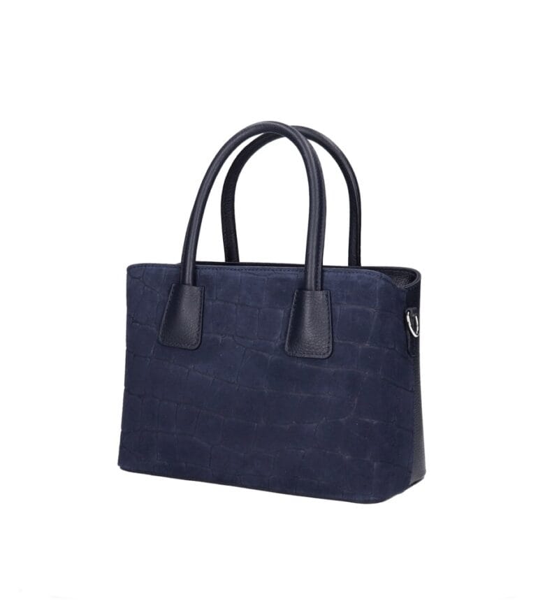 Suede Handtas Adelaide donkerblauw donkerblauwe navy Dollaro-leer met suède krokodillenprint leren handvaten chique tassen kopen bestellen dames