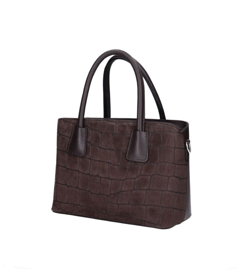 Suede Handtas Adelaide donkerbruin donkerbruine Dollaro-leer met suède krokodillenprint leren handvaten chique tassen kopen bestellen dames zij
