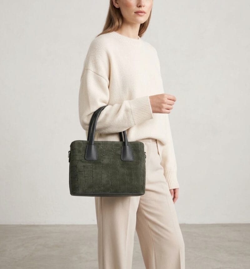 Suede Handtas Adelaide donkergroen donkergroene flessengroen Dollaro-leer met suède krokodillenprint leren handvaten chique tassen kopen bestellen dames model