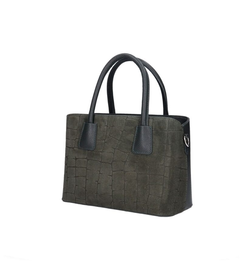 Suede Handtas Adelaide donkergroen donkergroene flessengroen Dollaro-leer met suède krokodillenprint leren handvaten chique tassen kopen bestellen dames zij