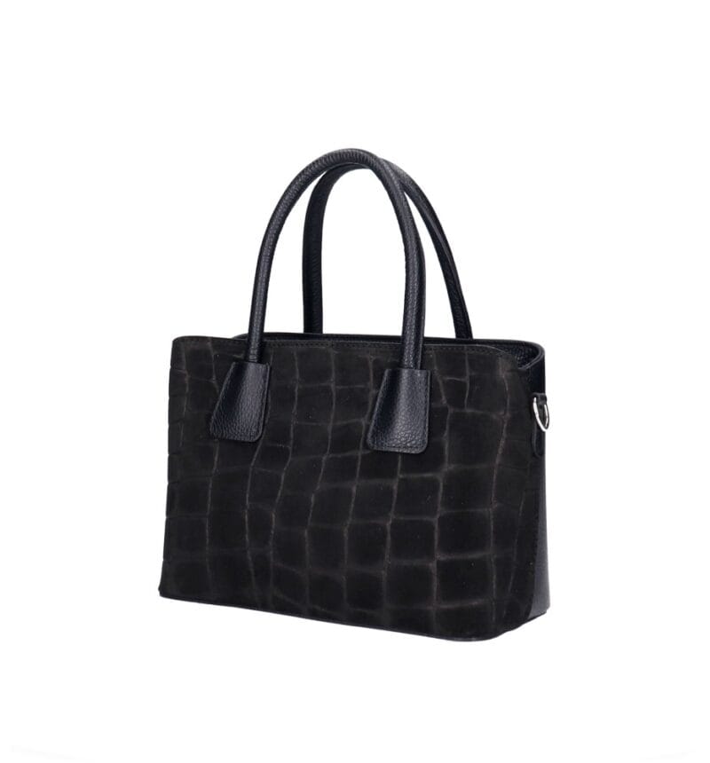 Suede Handtas Adelaide zwart zwarte Dollaro-leer met suède krokodillenprint leren handvaten chique tassen kopen bestellen dames zij
