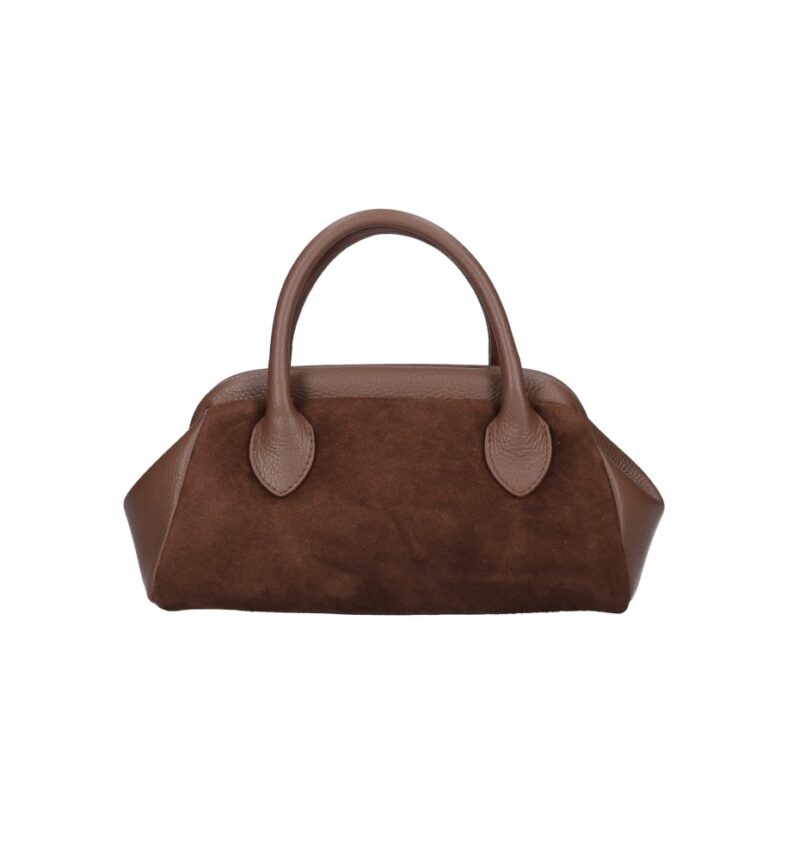 Suede Handtas Isadora bruin bruine leren details schoudertassen generfd leer drukknoopsluiting knipsluiting tassen kopen bestellen uniek