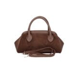 Suede Handtas Isadora bruin bruine leren details schoudertassen generfd leer drukknoopsluiting knipsluiting tassen kopen bestellen uniek achterkant
