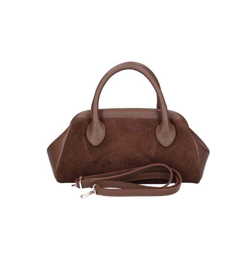 Suede Handtas Isadora bruin bruine leren details schoudertassen generfd leer drukknoopsluiting knipsluiting tassen kopen bestellen uniek achterkant