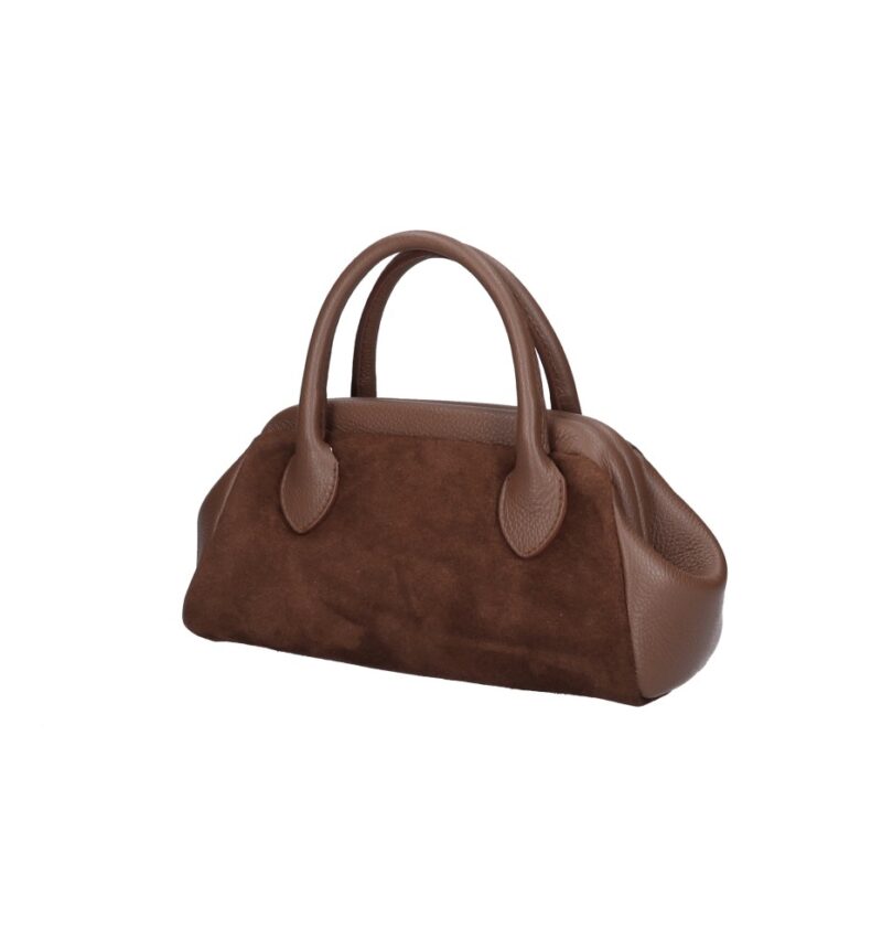 Suede Handtas Isadora bruin bruine leren details schoudertassen generfd leer drukknoopsluiting knipsluiting tassen kopen bestellen uniek zij