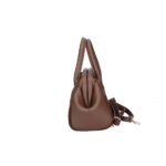 Suede Handtas Isadora bruin bruine leren details schoudertassen generfd leer drukknoopsluiting knipsluiting tassen kopen bestellen uniek zijkant