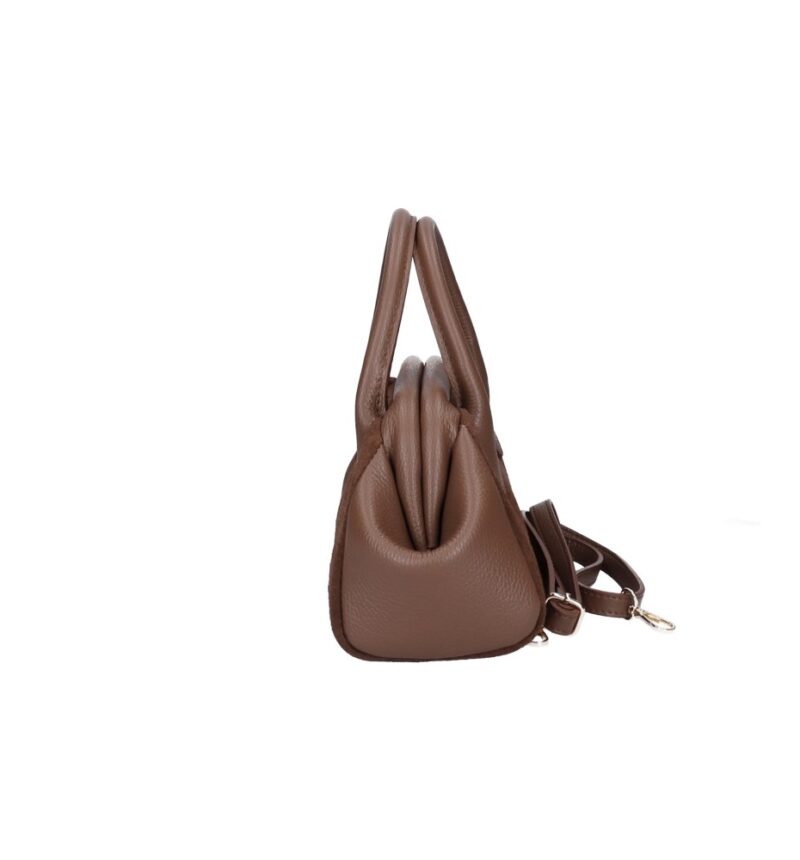 Suede Handtas Isadora bruin bruine leren details schoudertassen generfd leer drukknoopsluiting knipsluiting tassen kopen bestellen uniek zijkant