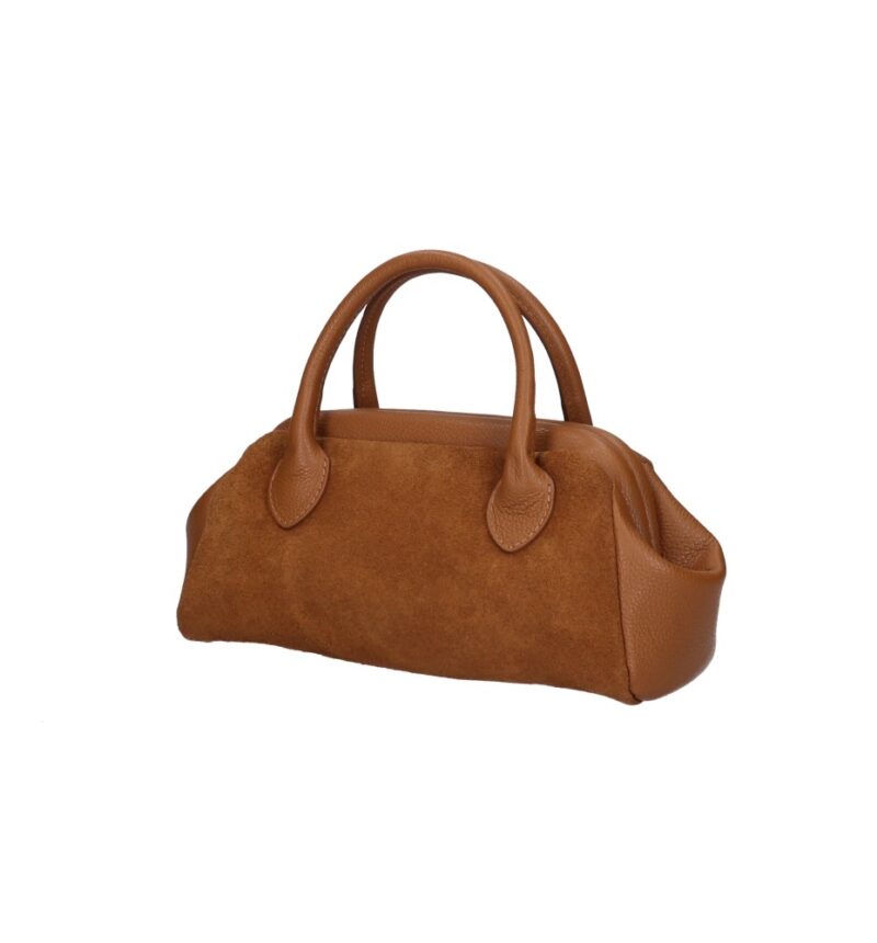 Suede Handtas Isadora cognac leren details schoudertassen generfd leer drukknoopsluiting knipsluiting tassen kopen bestellen uniek