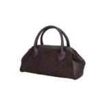 Suede Handtas Isadora donkerbruin donkerbruine leren details schoudertassen generfd leer drukknoopsluiting knipsluiting tassen kopen bestellen uniek
